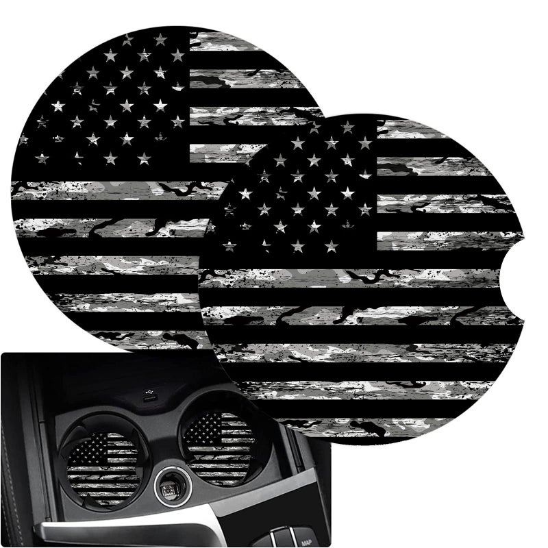 young kids Cup Holders Car Coasters for Women/Men - 2 Pack Absorbent Ceramic Stone Drinks Coaster Set, Camo America US Flag - Image 1